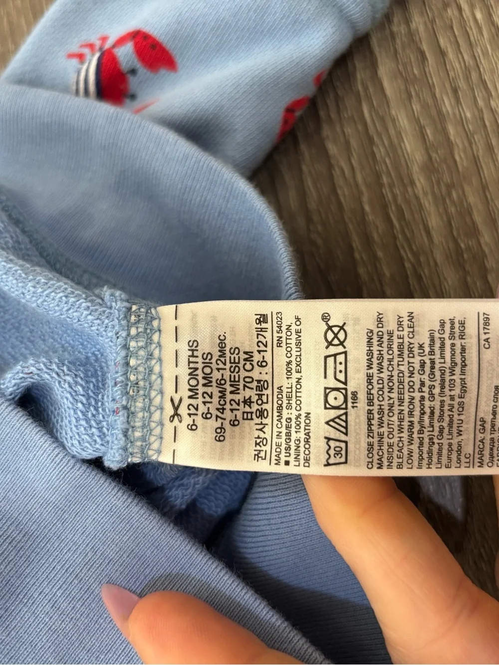 Baby Gap Light Blue Red Crab Print Logo Zip Hoodie Infant 6-12 Month New England